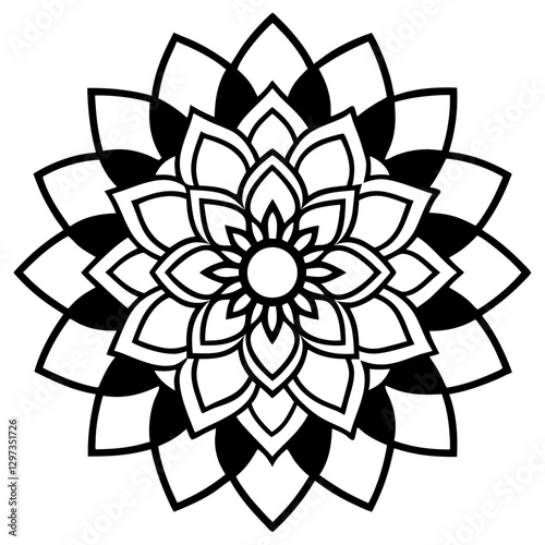 a symmetrical mandala art in black color. It's a spiritual design symbolizing balance and harmony. vector illustration