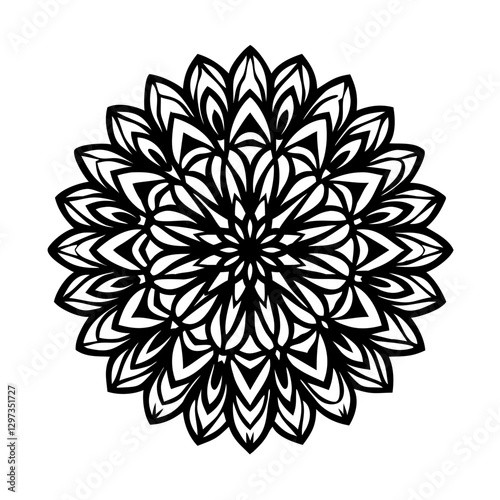 a black mandala design with intricate floral patterns. The mandala is perfectly symmetrical, for decorations and painting vector illustration