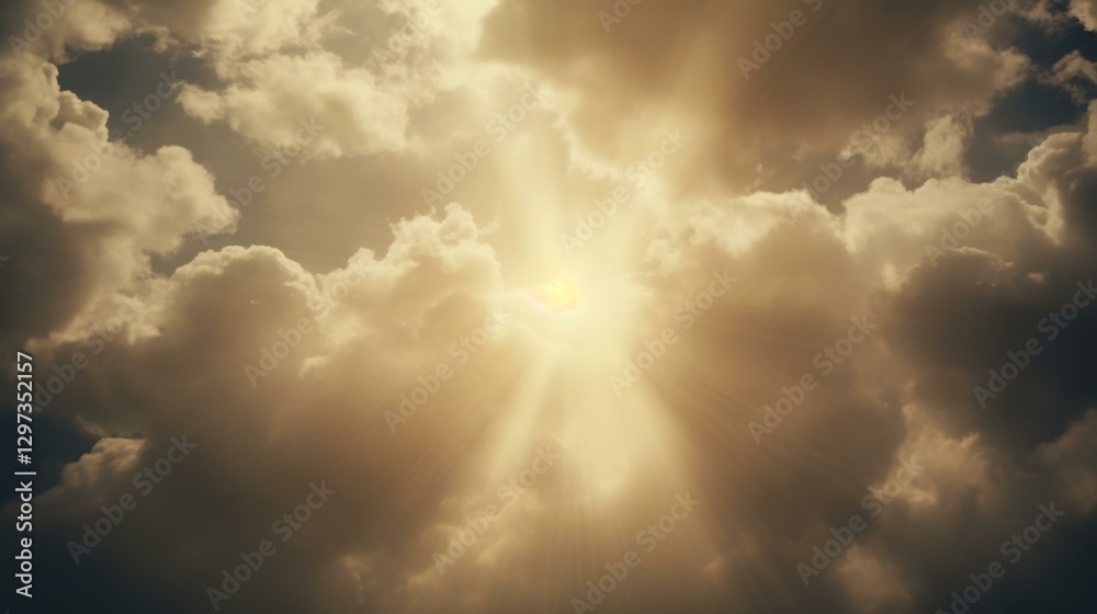 Obraz premium A warm yellow light breaks through the clouds, casting a serene glow across the landscape, evoking peace and calmness.