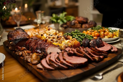 Festive holiday feast with roast meat, vegetables, and sides on wooden platter