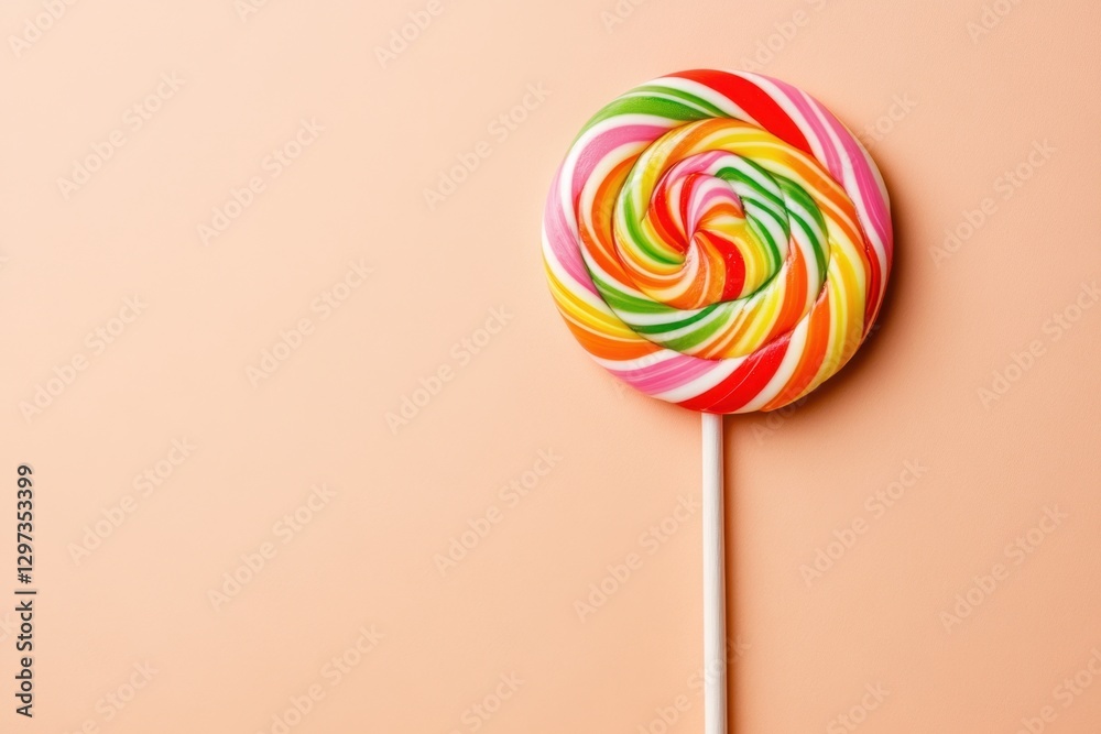 A Colorful Swirl Lollipop Presented on a Pale Peach Background A Colorful Swirl Lollipop Presented on a Pale Peach Background