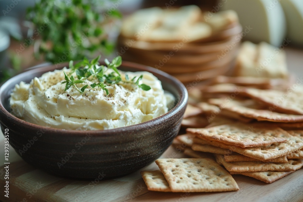 Fresh cream cheese spread with crackers and herbs on wooden board Fresh cream cheese spread with crackers and herbs on wooden board