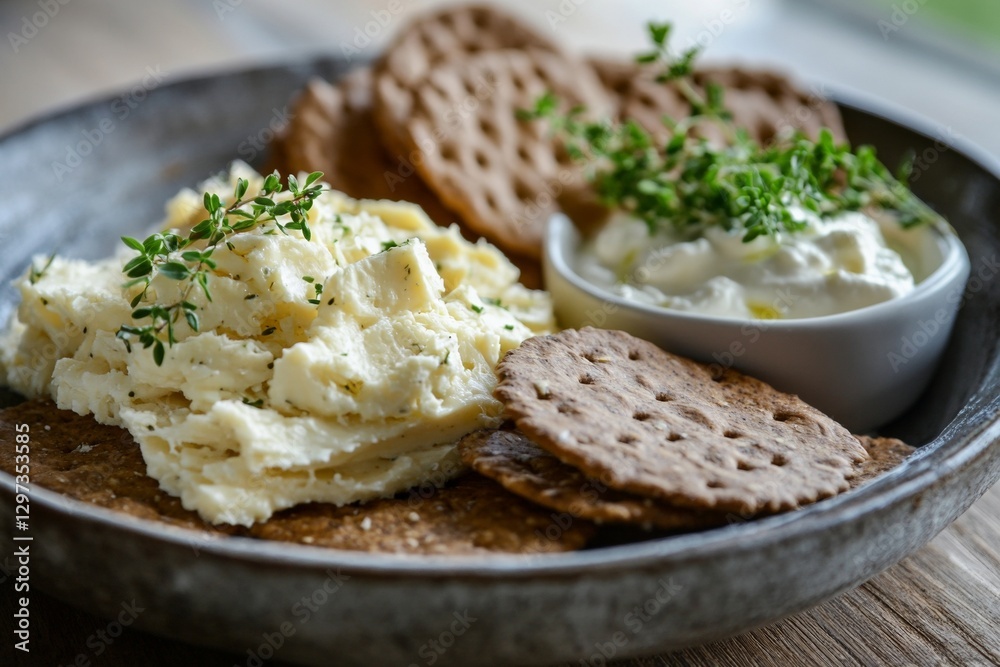 Rustic crackers and creamy cheese with fresh herbs on a wooden table setting Rustic crackers and creamy cheese with fresh herbs on a wooden table setting