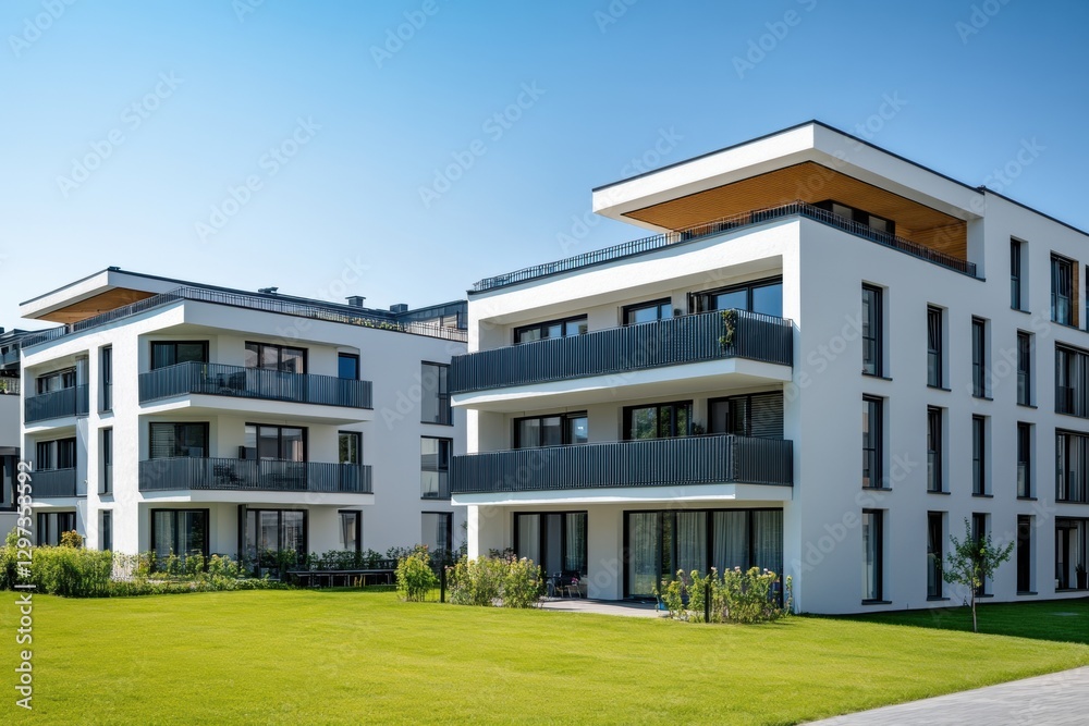 Fototapeta premium Modern apartment building with white walls and black windows, located in the countryside of Germany Generative AI