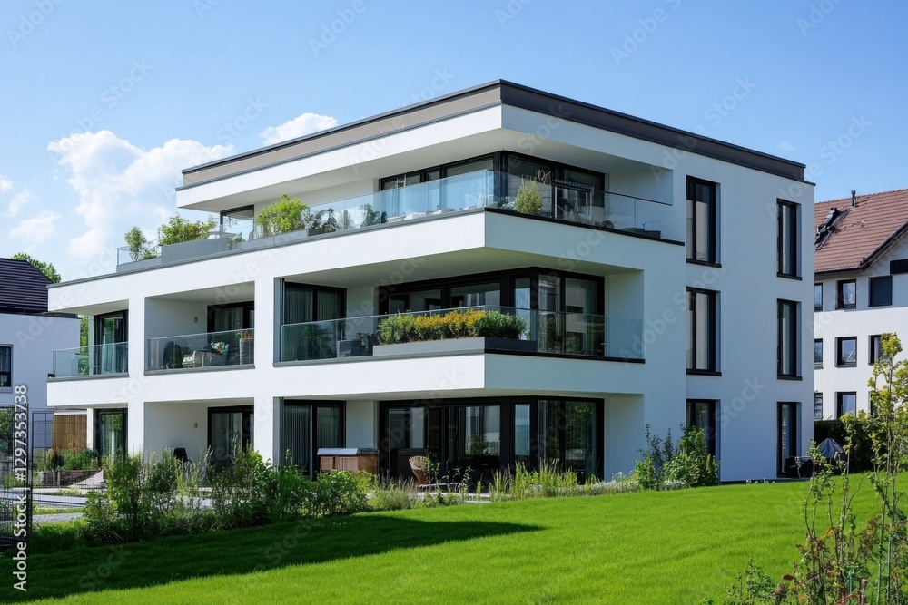 A new apartment building in Germany, white with black accents, features a flat roof terrace, large windows, and a balcony Generative AI A new apartment building in Germany, white with black accents, features a flat roof terrace, large windows, and a balcony Generative AI