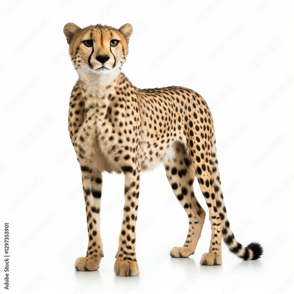 A striking dicut of a cheetah gracefully poised, showcasing its sleek form against a clean white backdrop. A striking dicut of a cheetah gracefully poised, showcasing its sleek form against a clean white backdrop.