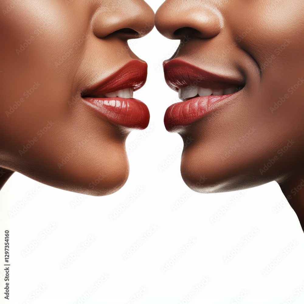 Obraz premium A chic di cut of human lips, featuring a gentle smile, perfectly set against a clean white backdrop.