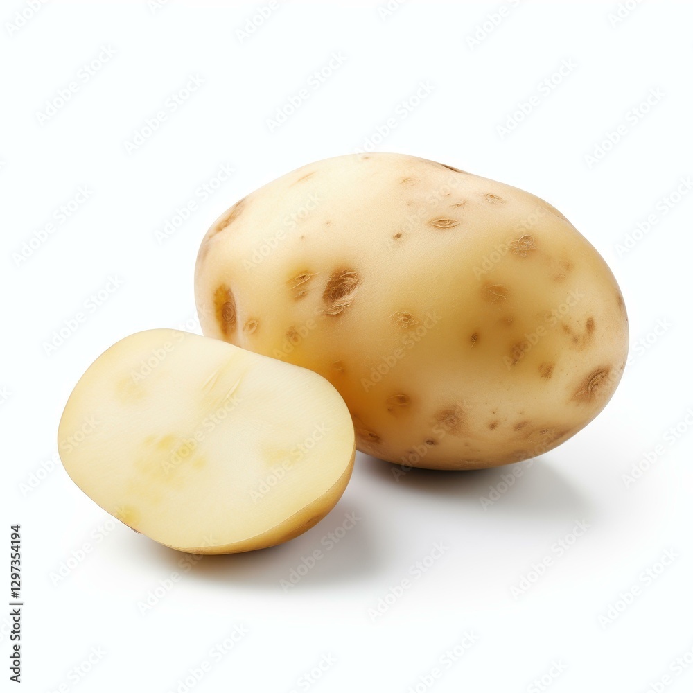 Fresh potato cutout on white with crisp detail, showcasing natural texture and color perfect for design use. Fresh potato cutout on white with crisp detail, showcasing natural texture and color perfect for design use.