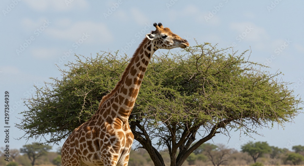Giraffe standing majestically beside a lush green tree under a clear blue sky conveying a sense of tranquility and connection with nature Giraffe standing majestically beside a lush green tree under a clear blue sky conveying a sense of tranquility and connection with nature