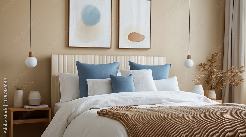 Beige bedroom with abstract art, comfortable bed Beige bedroom with abstract art, comfortable bed