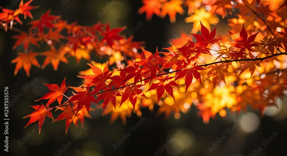 Vibrant red-orange maple leaves glowing in sunlight expressing the warmth and beauty of autumn Vibrant red-orange maple leaves glowing in sunlight expressing the warmth and beauty of autumn