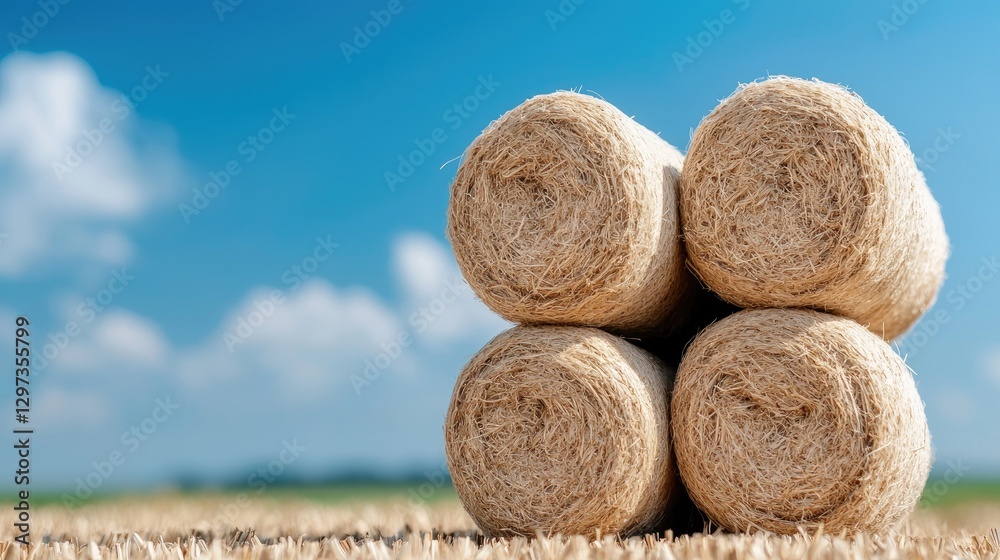 Hay bales stacked in field under blue sky. Possible use agricultural background Hay bales stacked in field under blue sky. Possible use agricultural background
