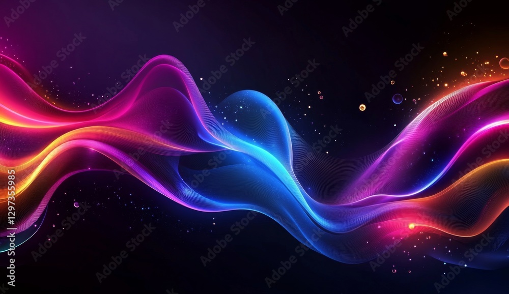 Abstract vibrant wave design on dark background with glowing particles Abstract vibrant wave design on dark background with glowing particles