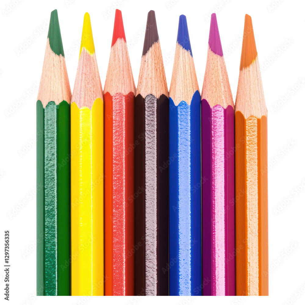 Vibrant colored pencils with sharpened tips arranged neatly , isolated on transparent background Vibrant colored pencils with sharpened tips arranged neatly , isolated on transparent background