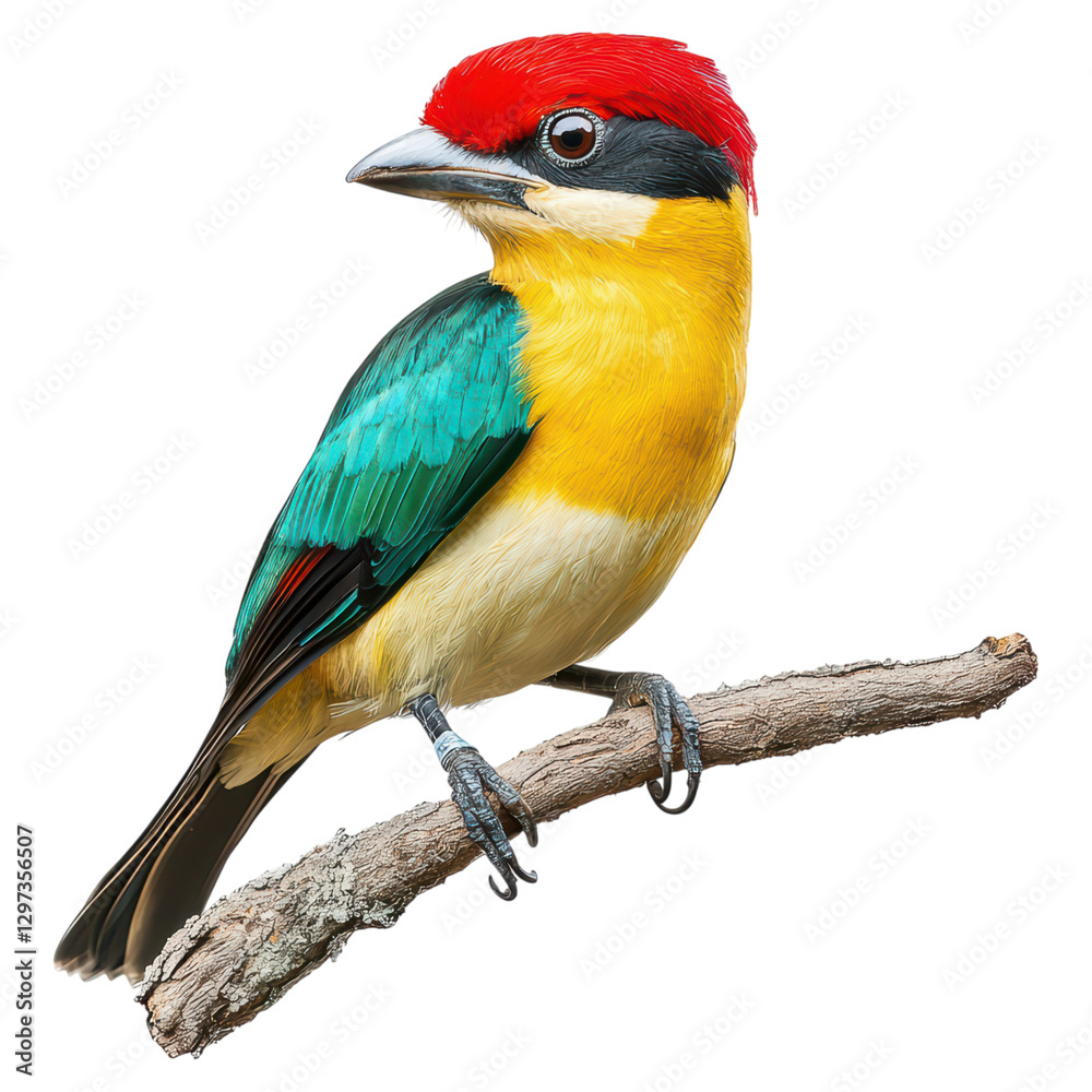 Fototapeta premium Colorful tropical bird perched on branch, vibrant feathers , isolated on transparent background