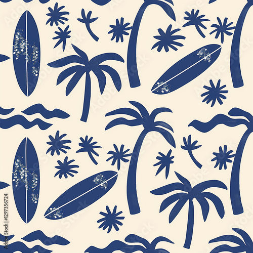 Matisse-style illustration of surfboards, palm trees, and waves on a cream background.