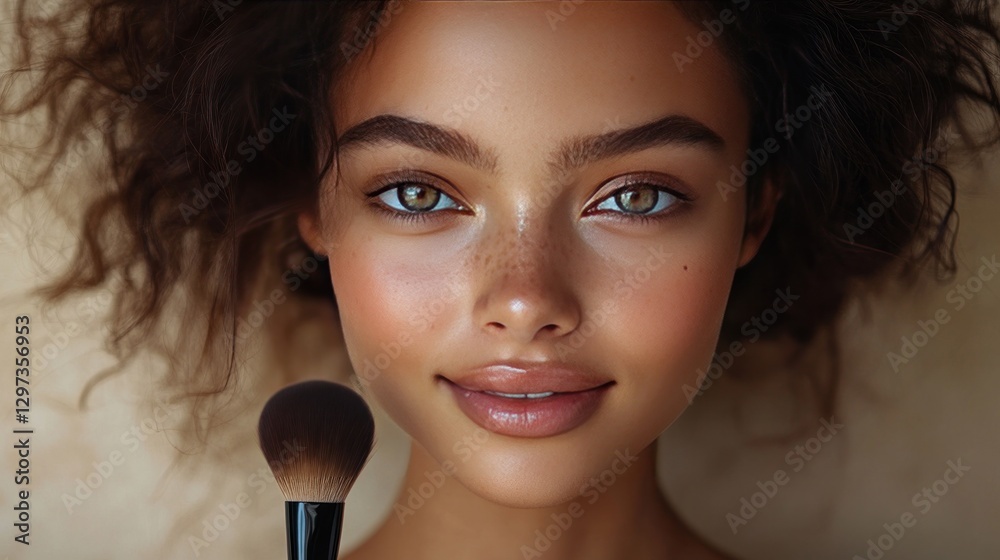A close-up of a joyful, attractive young girl with flawless skin holding a makeup brush. solitary on beige. The idea of beauty and cosmetics A close-up of a joyful, attractive young girl with flawless skin holding a makeup brush. solitary on beige. The idea of beauty and cosmetics