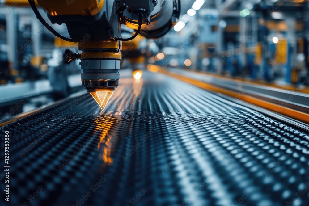 Industrial Robot Arm with Laser Precisely Processes a Metal Surface Industrial Robot Arm with Laser Precisely Processes a Metal Surface