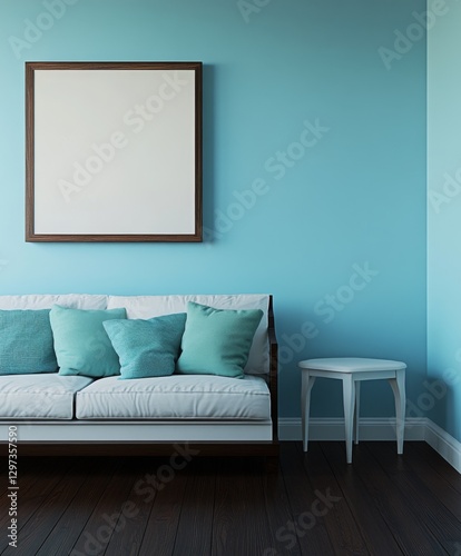 Teal wall living room mockup with white sofa and empty frame