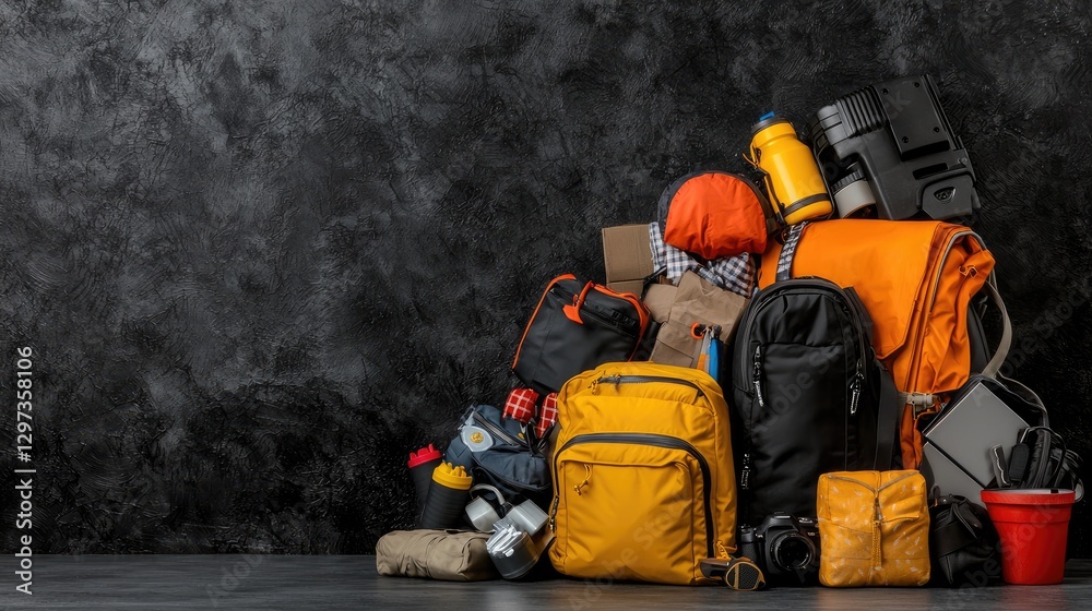 © KIMEHIME - Travel gear pile; adventure preparation; dark background; website banner © KIMEHIME - Travel gear pile; adventure preparation; dark background; website banner