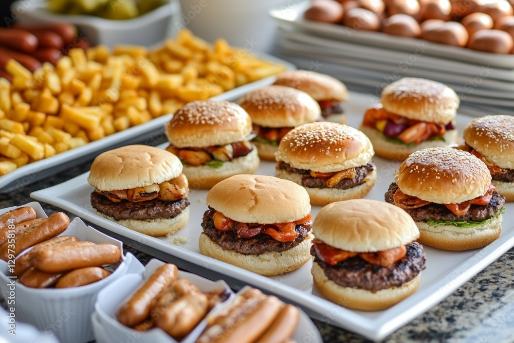 Delicious assortment of burgers and sides displayed on buffet table Delicious assortment of burgers and sides displayed on buffet table