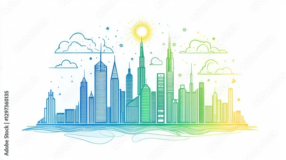 Obraz premium Colorful line art cityscape, urban skyline, sunrise, abstract illustration, graphic design, print, background, digital art, poster