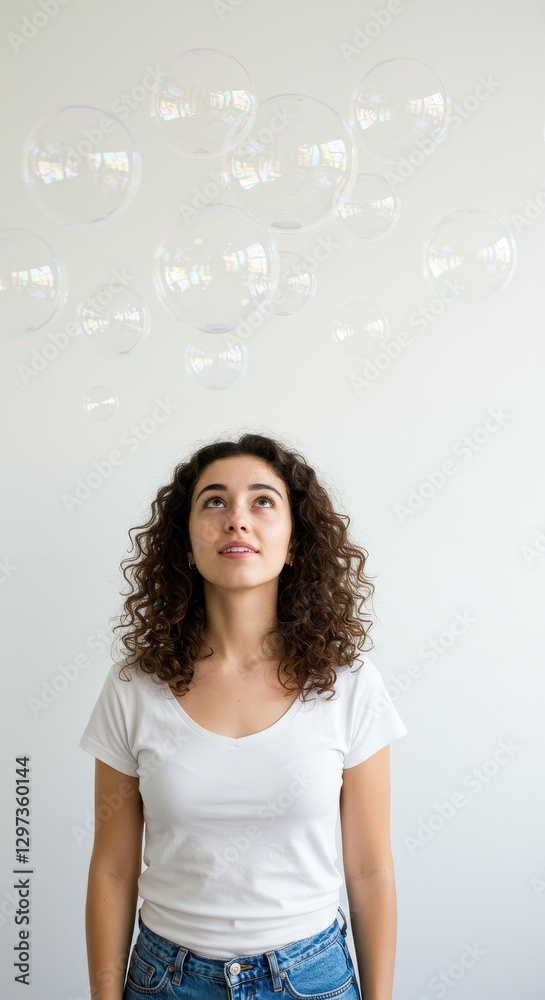 Woman Gazing at Floating Bubbles: A Dreamy Portrait Woman Gazing at Floating Bubbles: A Dreamy Portrait