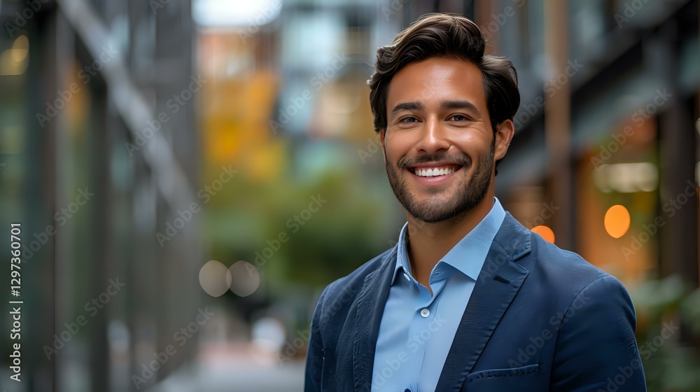Fototapeta premium Young Hispanic businessman with confident smile wearing blue blazer and shirt against urban background with bokeh lights. Professional corporate portrait.
