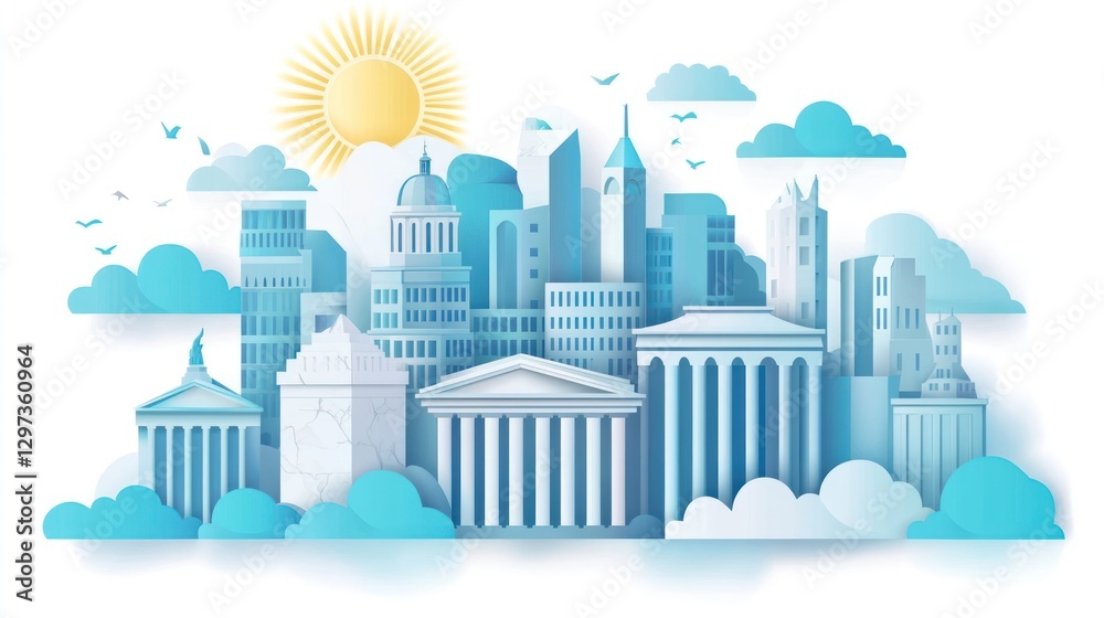 Fototapeta premium Cityscape paper art, buildings, clouds, sun, birds. Possible use Stock photo for advertising or design