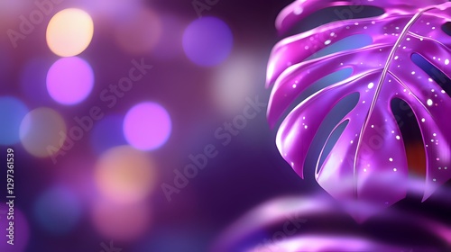 Glowing purple monstera leaf with magical sparkles and bokeh lights on dark background creates dreamy tropical atmosphere. Artistic nature photography.