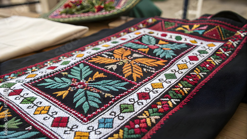 Tatreez, the decorative Palestinian embroidery symbol, showcased on a vibrant piece of fabric