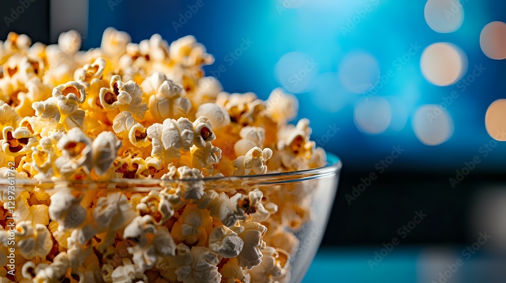Fresh buttery popcorn in glass bowl against blurred blue bokeh background, close-up view showing crispy white kernels with warm golden highlights.