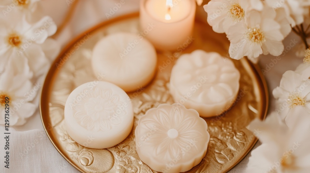 Elegant Candlelit Setup with Textured Gold Charger and Soaps Elegant Candlelit Setup with Textured Gold Charger and Soaps