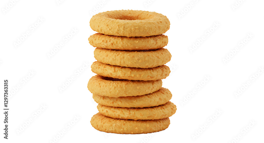 A Tower of Deliciously Baked Golden Ring-Shaped Cookies Stacked High A Tower of Deliciously Baked Golden Ring-Shaped Cookies Stacked High