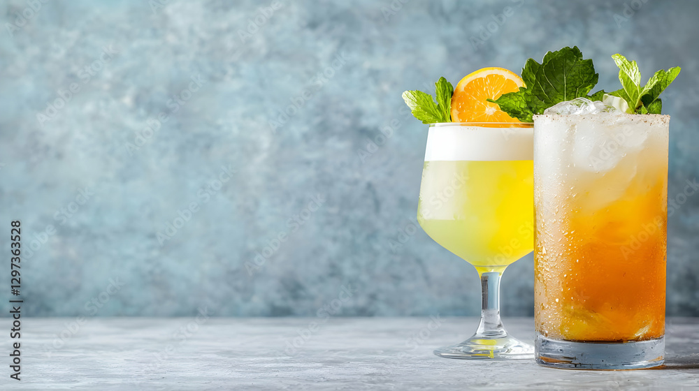 Fototapeta premium Refreshing summer cocktails, citrus garnish, textured background, bar menu