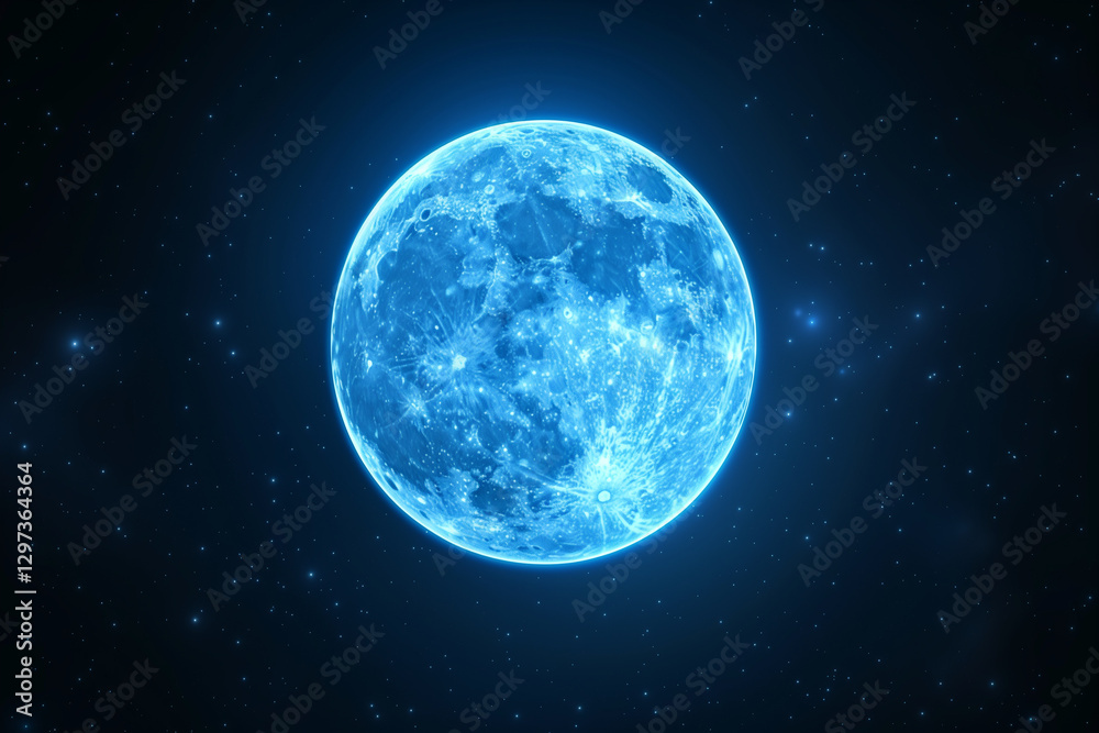 Obraz premium Full moon glowing blue in the dark sky with stars, large in size | Black space background | Surreal and captivating moonlit scene