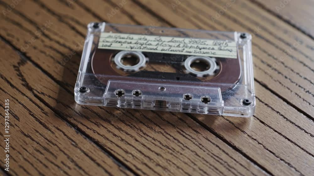 Close-up of a vintage cassette tape on a wooden table, captured from a low angle. The nostalgic video theme evokes retro audio memories.
