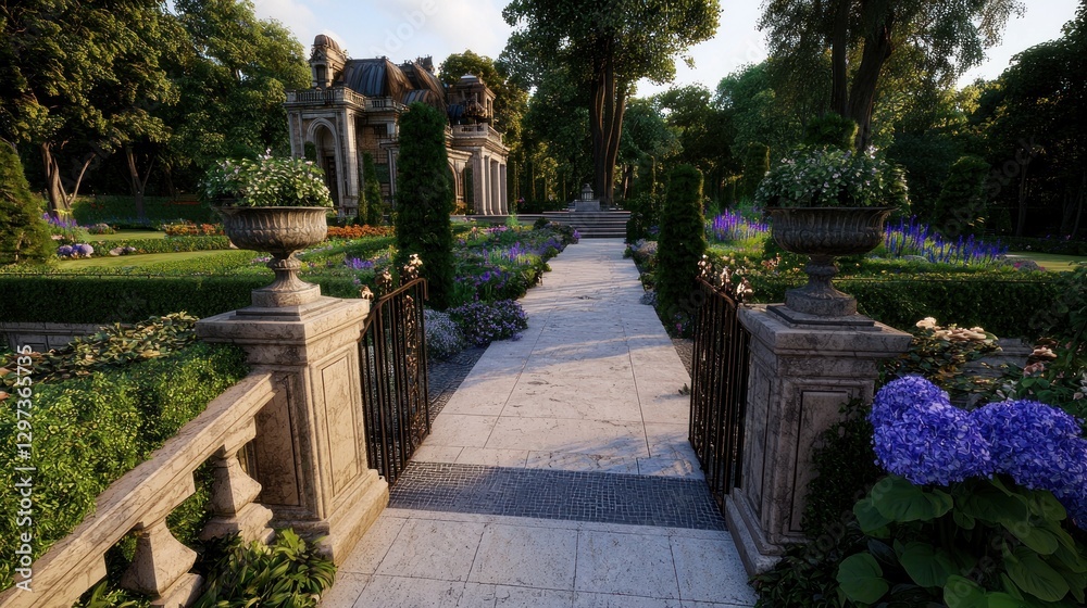 Serene garden pathway leading to a grand mansion surrounded by vibrant flora and greenery Serene garden pathway leading to a grand mansion surrounded by vibrant flora and greenery