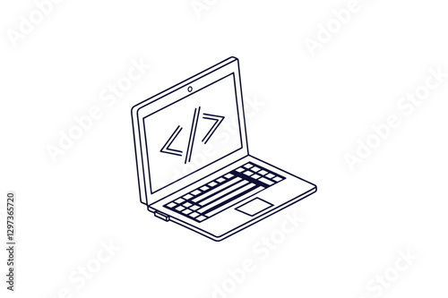 laptop with a code bracket symbol line art vector illustration