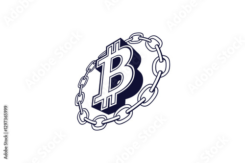 Bitcoin symbol with a blockchain pattern silhouette line art vector illustration
