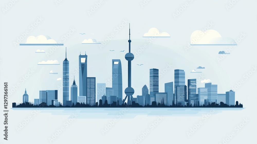 Obraz premium Shanghai skyline illustration, simple cityscape, city view, modern architecture, background, design element, poster or presentation backdrop, vector art