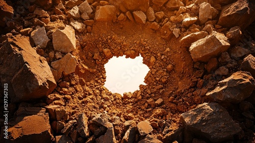 Splintered dusty earth with a piercing white hole, surrounded by rugged stones, harsh sunlight casting long shadows, surrealism, bold contrasts