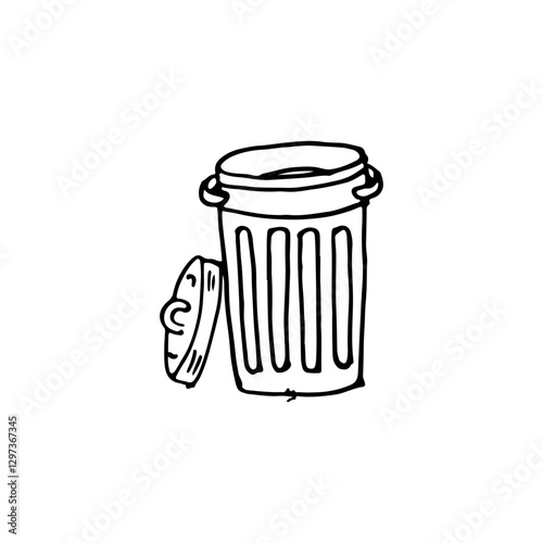 Open bin with lid beside it doodle cartoon hand-drawn vector trash can.