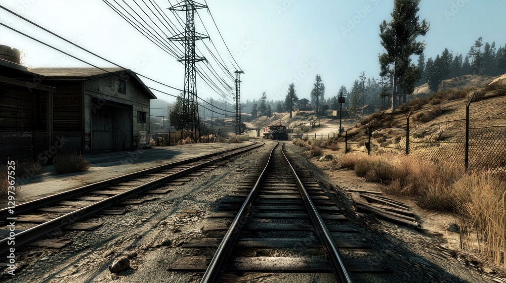 Train tracks stretching into the distance, surrounded by dry landscape and power lines Train tracks stretching into the distance, surrounded by dry landscape and power lines