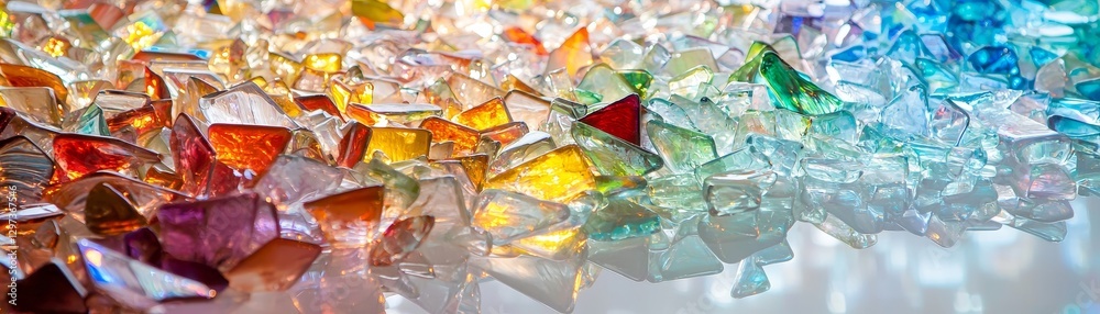 Stunning cascade of translucent stained glass shards, their luminous colors shimmering and scattering prismatic patterns across a stark white table Stunning cascade of translucent stained glass shards, their luminous colors shimmering and scattering prismatic patterns across a stark white table
