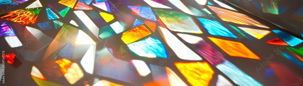 Obraz premium Stunning cascade of translucent stained glass shards, their luminous colors shimmering and scattering prismatic patterns across a stark white table