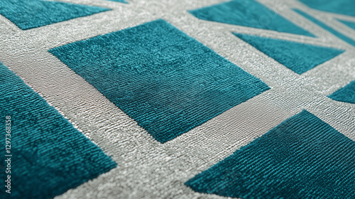 Teal Velvet Fabric with Geometric Silver Embroidered Design