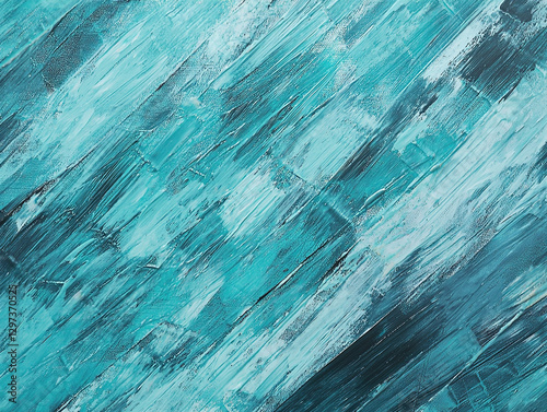 Abstract painting with teal, blue and white brushstrokes.