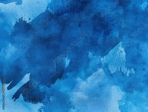 Abstract blue watercolor painting. Textured background with dynamic brushstrokes.