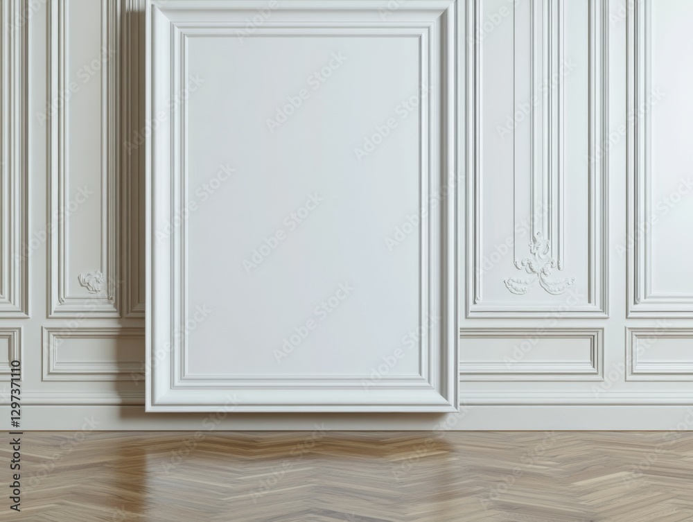 Empty white frame on ornate wall, herringbone floor, interior mockup Empty white frame on ornate wall, herringbone floor, interior mockup